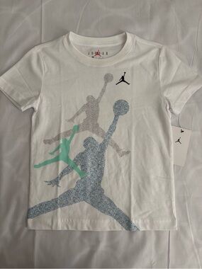Jordan White Short-Sleeve Tee with Blue and Mint Jumpman Graphic
